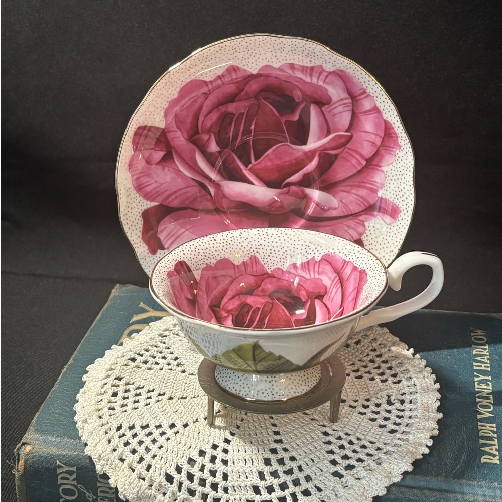 Stechcol Gracie Bone China Teacup & Saucer Pink Rose Gold Trim Floral